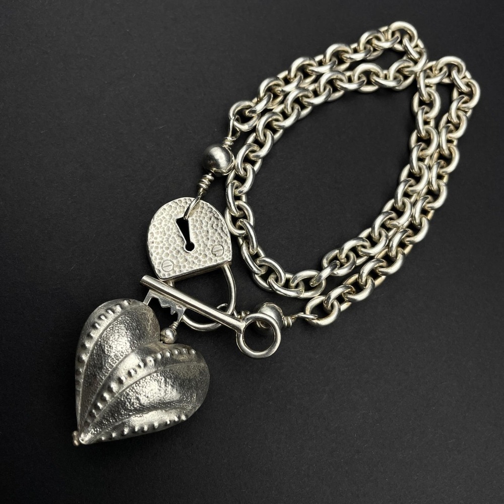 Chunky Sterling Silver Heart Lock Key Toggle Necklace Statement Jewelry - Picture 7 of 10